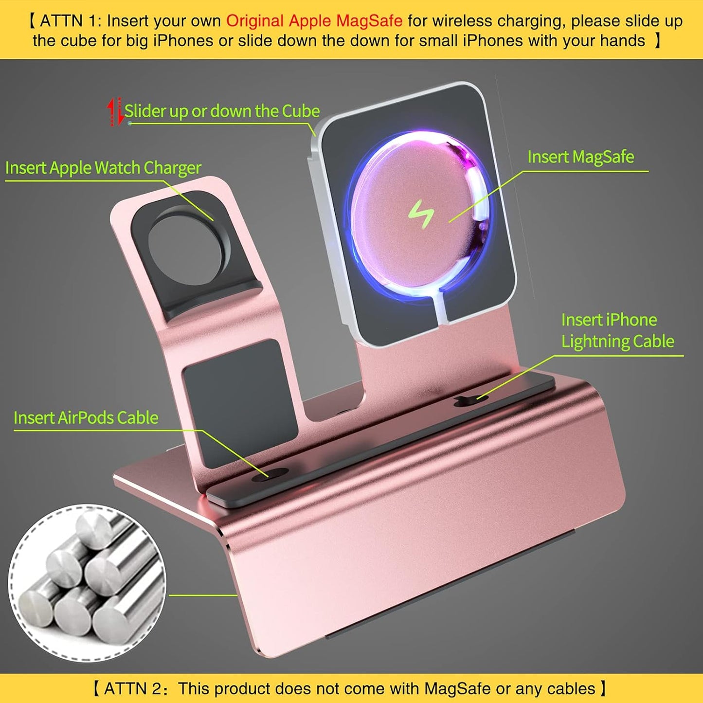 Aluminum Charging Stand for Apple Device 3 in 1 Charger Stand Holder Compatible with Magsafe Charger Iwatch Charger Airpods Pro/2/1 and Iphone Stand Holder(Charger & Cable Required)-Rose Gold