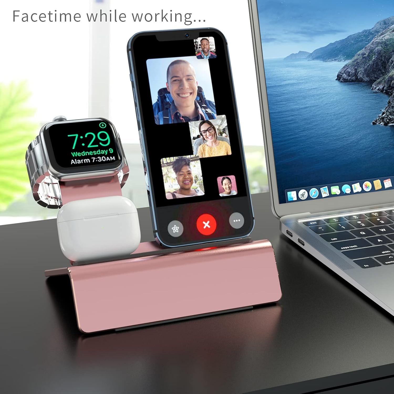 Aluminum Charging Stand for Apple Device 3 in 1 Charger Stand Holder Compatible with Magsafe Charger Iwatch Charger Airpods Pro/2/1 and Iphone Stand Holder(Charger & Cable Required)-Rose Gold